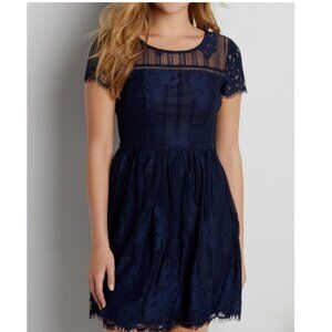 Ash & Violet Elegant Lace Navy A-Line Short Sleeve Dress Square Neck Size 11